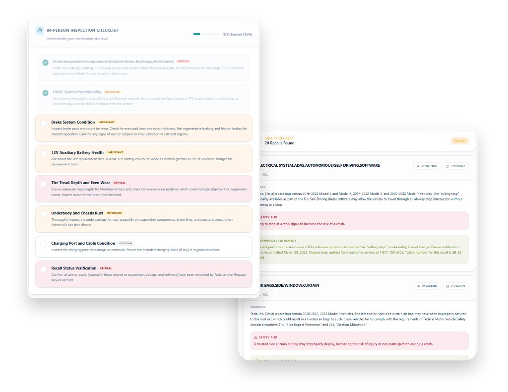 Inspection checklist and safety recalls